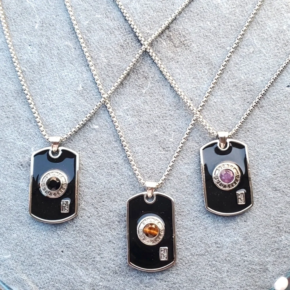 Mens Black Enamel Gemstone Dog Tag Necklace